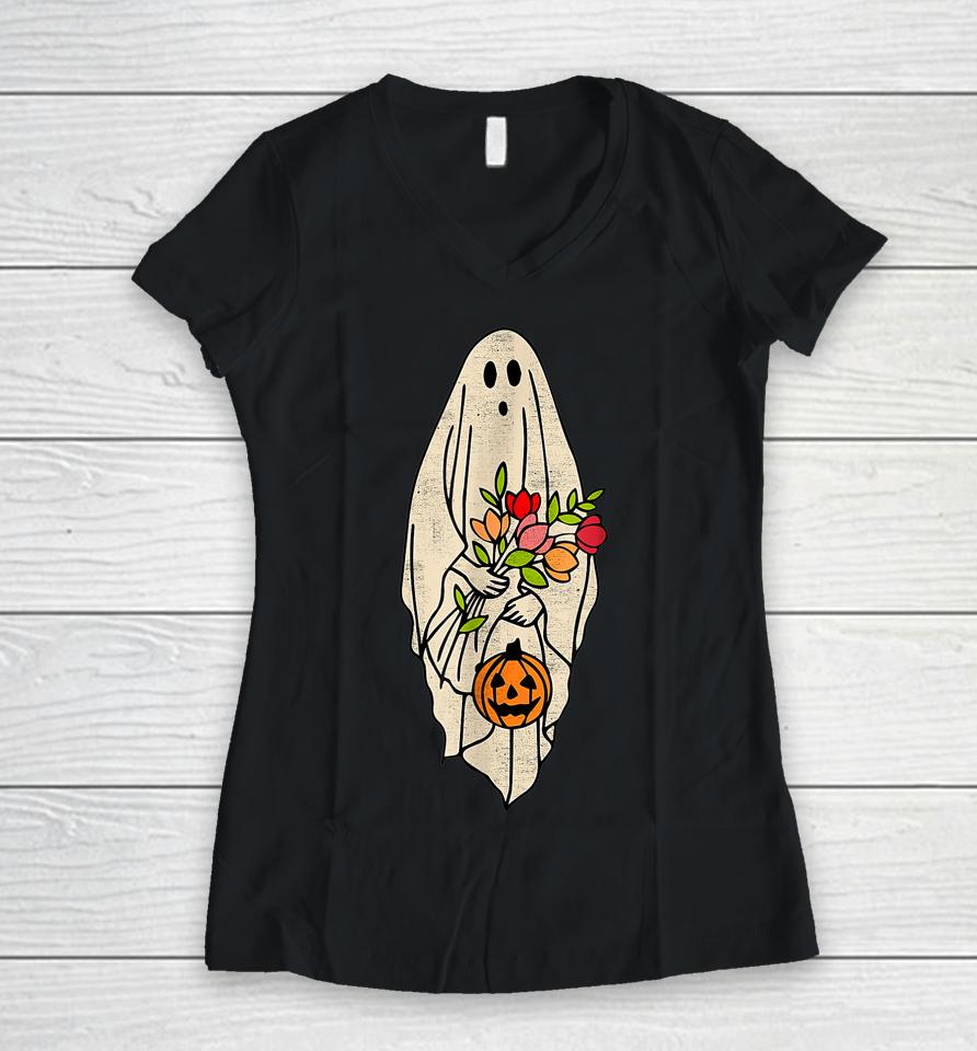Retro Vintage Gnoovy Halloween Flower Ghost Pumpkin Sketch Women V-Neck T-Shirt