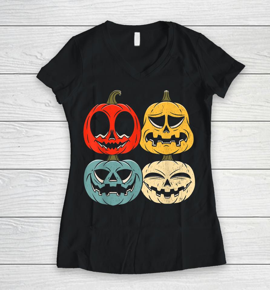 Retro Vintage Halloween Pumpkin Women V-Neck T-Shirt