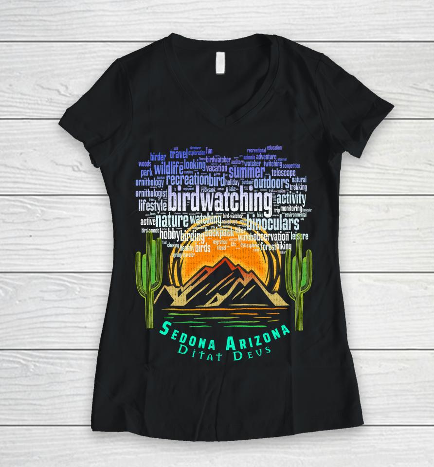 Retro Vintage Sedona Arizona Birder Hiking Sunset Dawn Women V-Neck T-Shirt