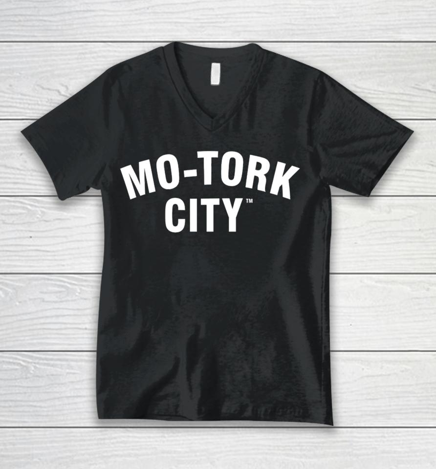 Riley Greene Wearing Mo-Tork City Unisex V-Neck T-Shirt