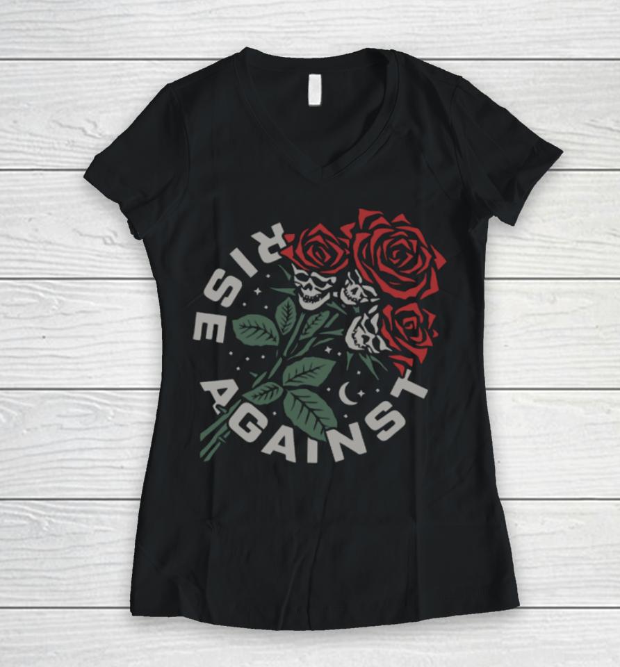 Rise Against Merch Skull Bouquet Rose Women V-Neck T-Shirt