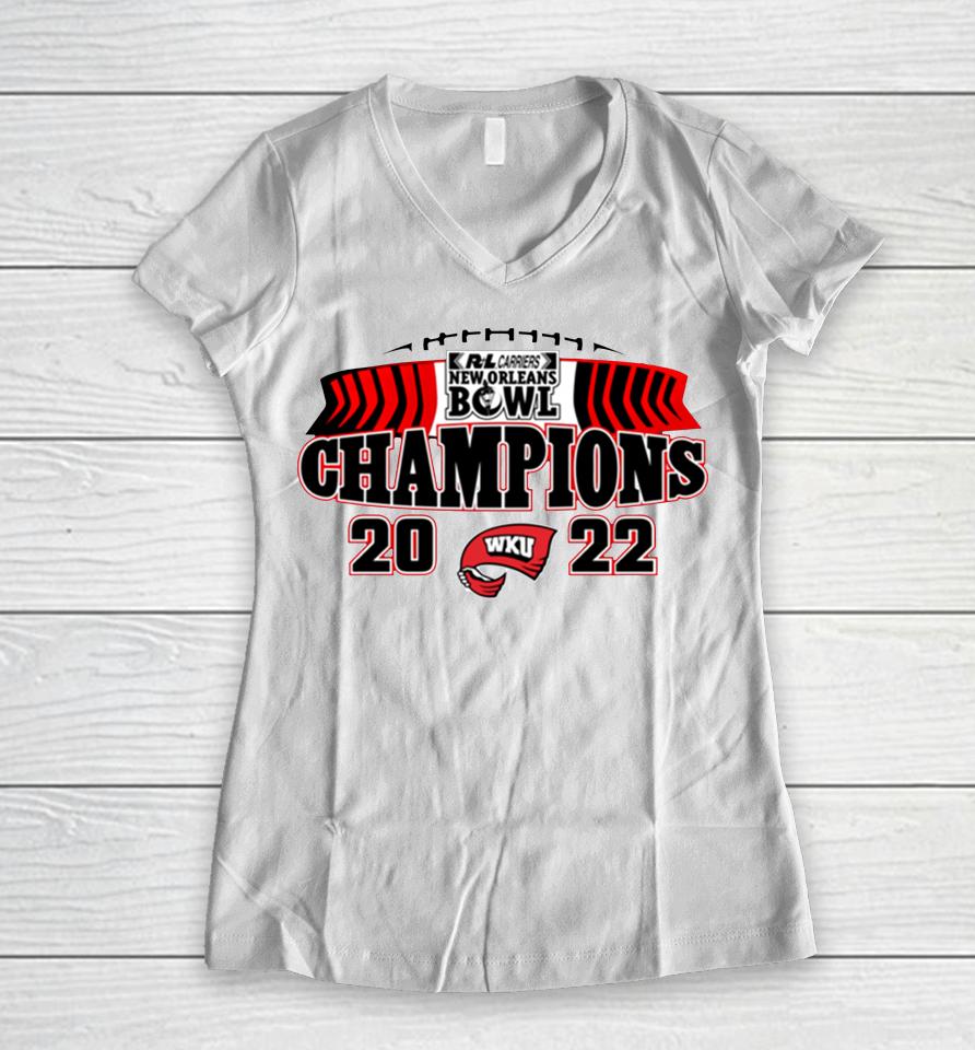 R+L Carriers New Orleans Bowl Western Kentucky 2022 Champions Women V-Neck T-Shirt