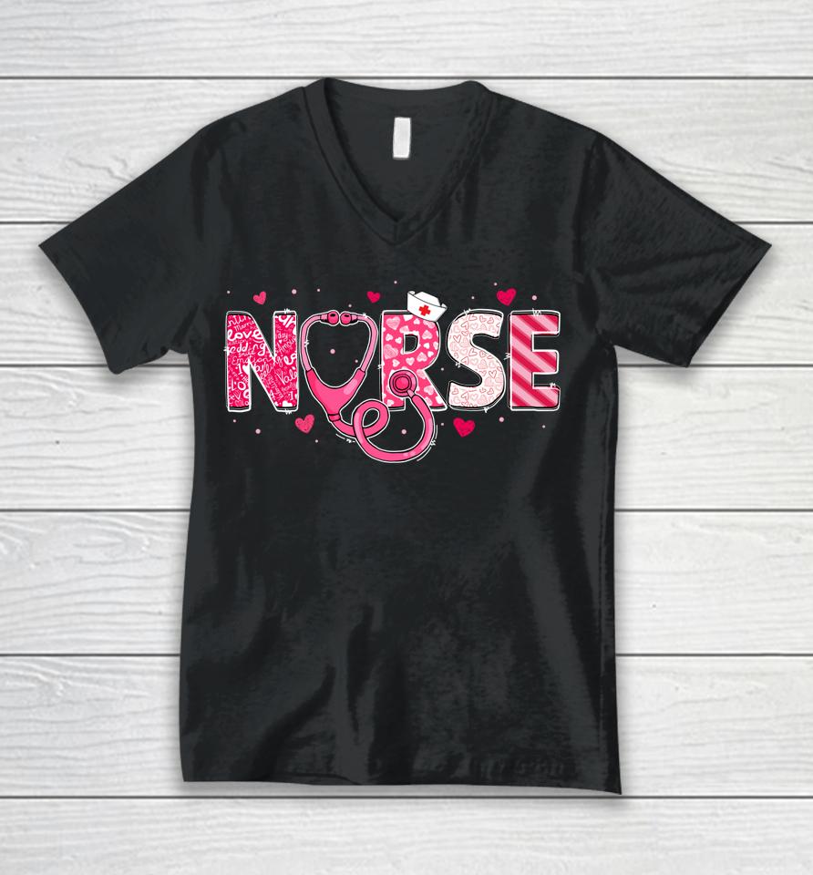 Rn Nicu Er Cna Nurse Valentines Day Stethoscope Women Scrubs Unisex V-Neck T-Shirt
