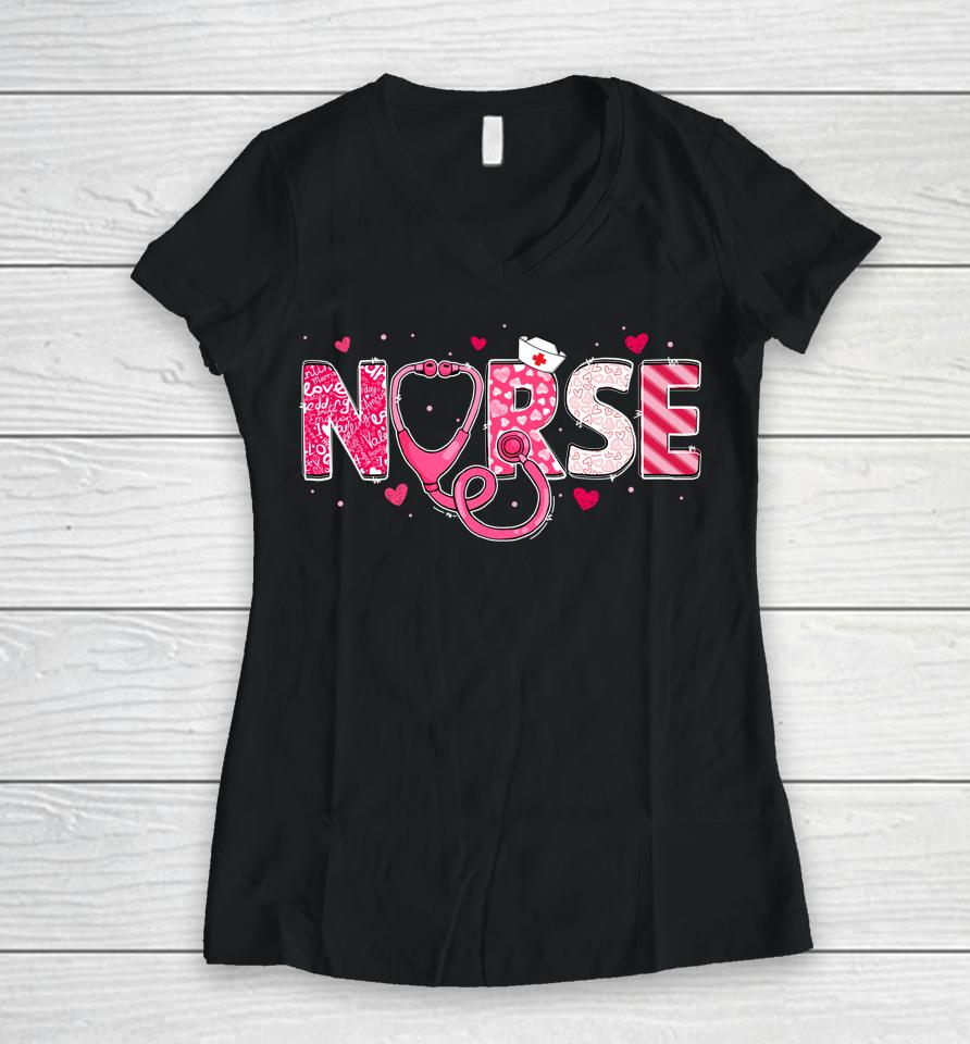 Rn Nicu Er Cna Nurse Valentines Day Stethoscope Women Scrubs Women V-Neck T-Shirt