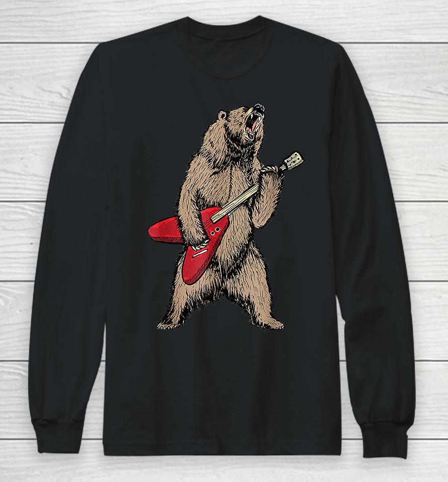 Roaring Grizzly Bear Sweet 80S Electric Guitar Long Sleeve T-Shirt