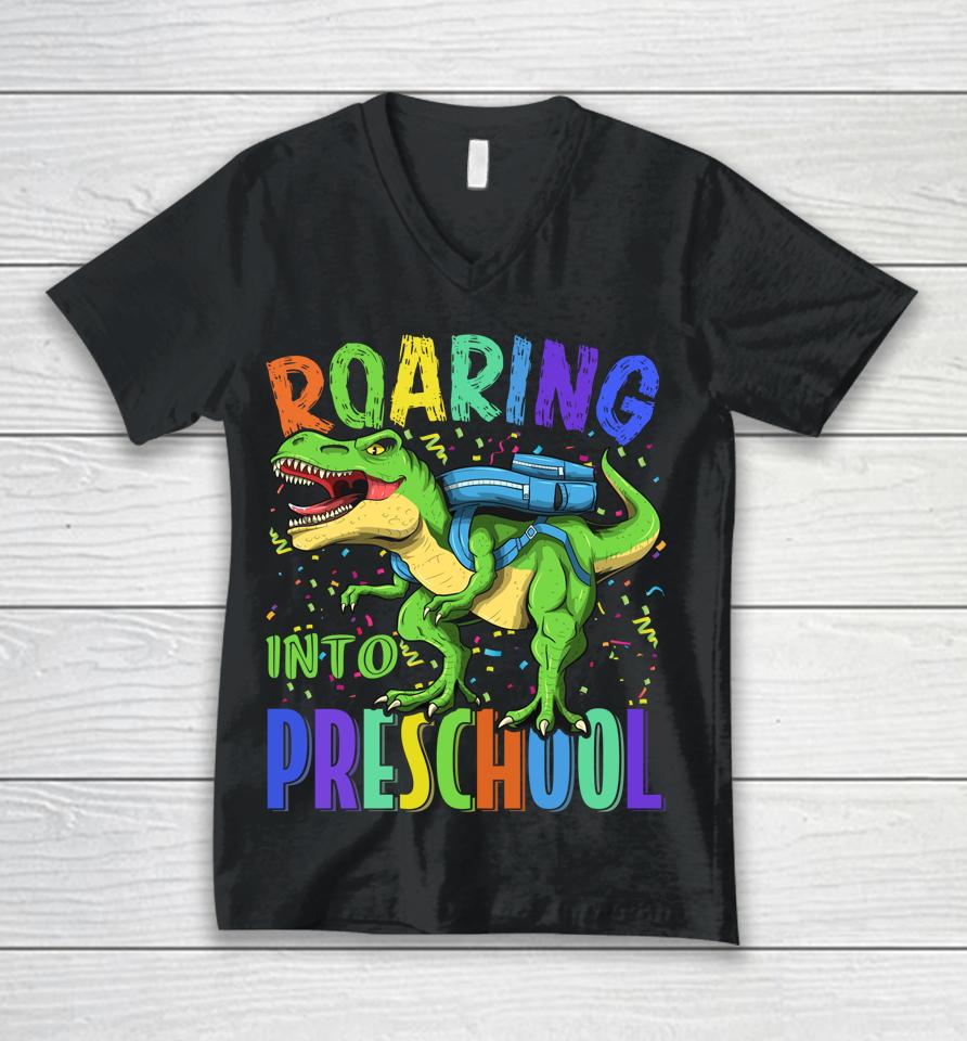 Roaring Into Preschool Dinosaur T Rex Back To School Boys Unisex V-Neck T-Shirt