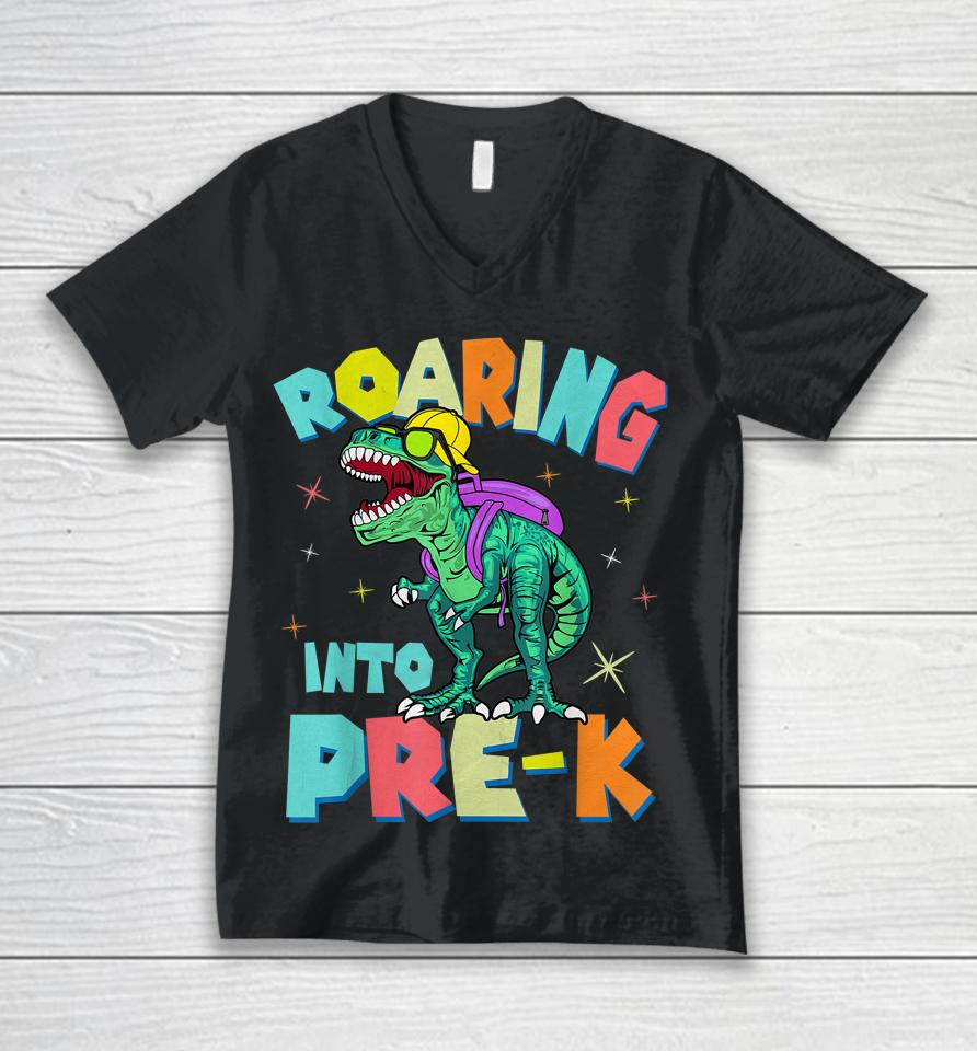 Roaring Into Preschool Dinosaur Teacher Pre K Back To School Unisex V-Neck T-Shirt
