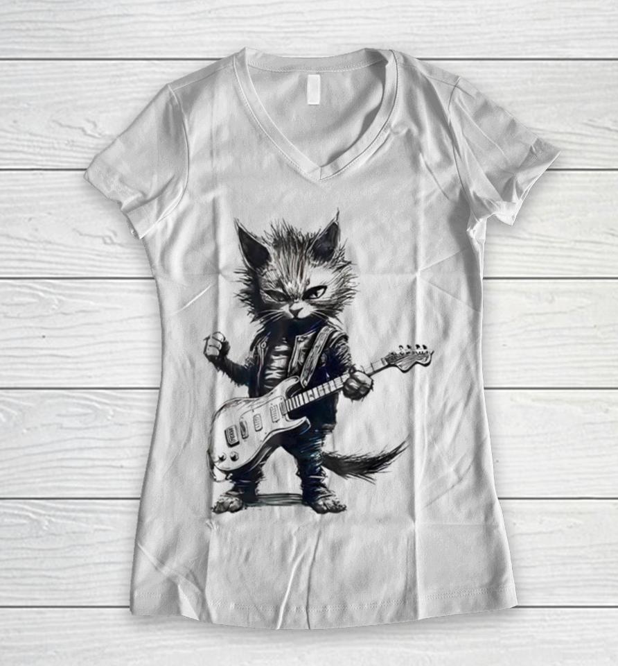 Rock Cat Playing Guitar Women V-Neck T-Shirt
