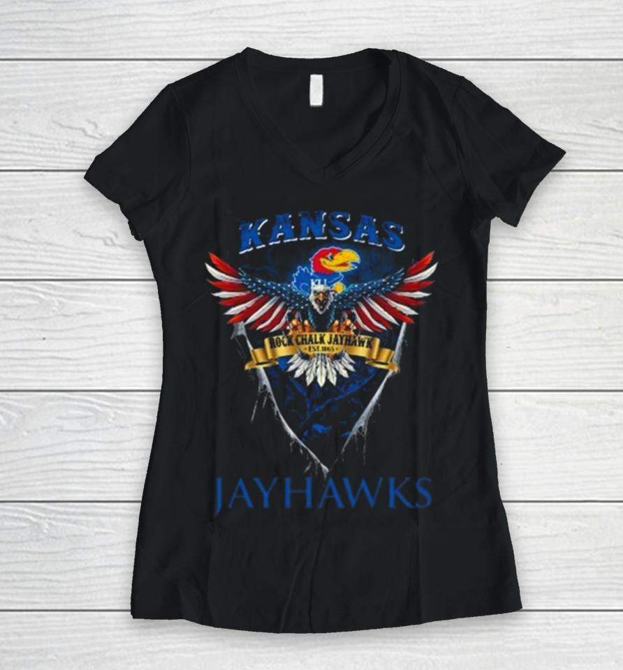 Rock Chalk Jayhawk Kansas Jayhawks Football Us Eagle Women V-Neck T-Shirt