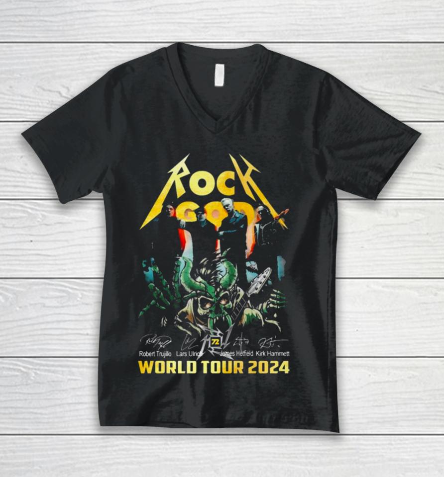 Rock God Robert Trujillo Lars Ulrich James Hetfield Kirk Hammett World Tour 2024 Signatures Unisex V-Neck T-Shirt