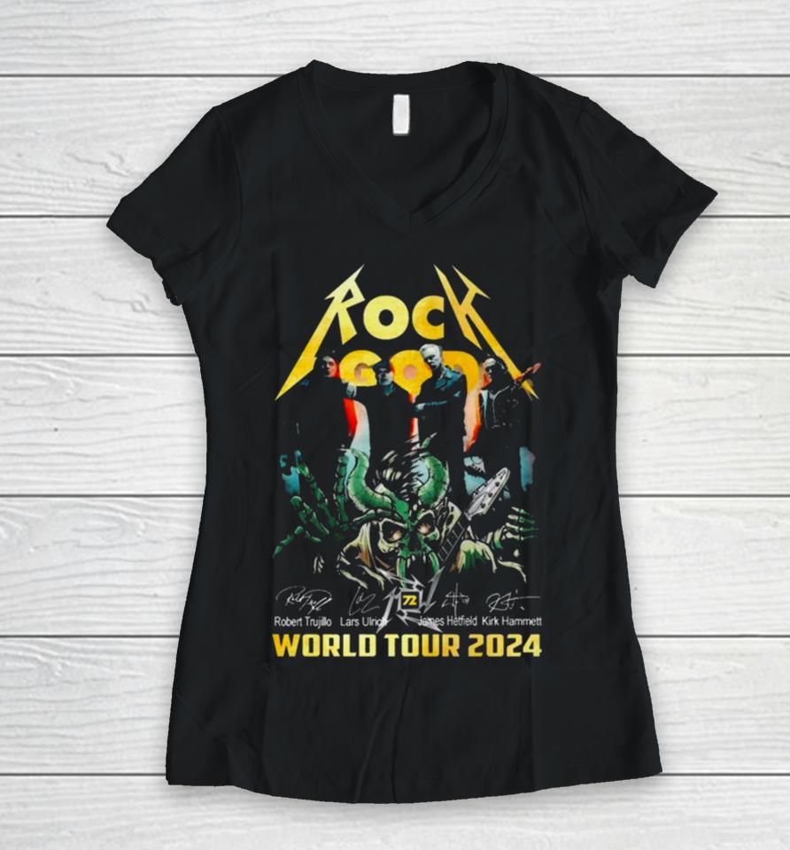 Rock God Robert Trujillo Lars Ulrich James Hetfield Kirk Hammett World Tour 2024 Signatures Women V-Neck T-Shirt