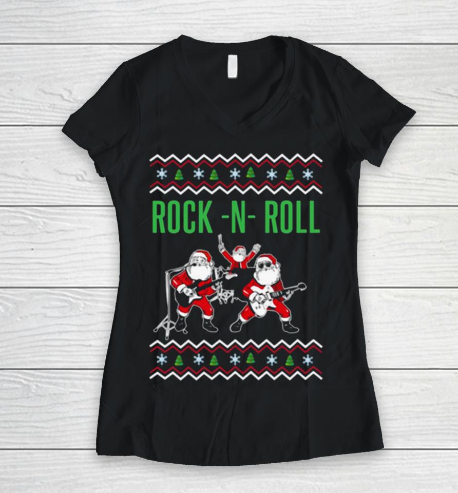 Rock N Roll Christmas Santa Rocks Music Band 2023 Women V-Neck T-Shirt
