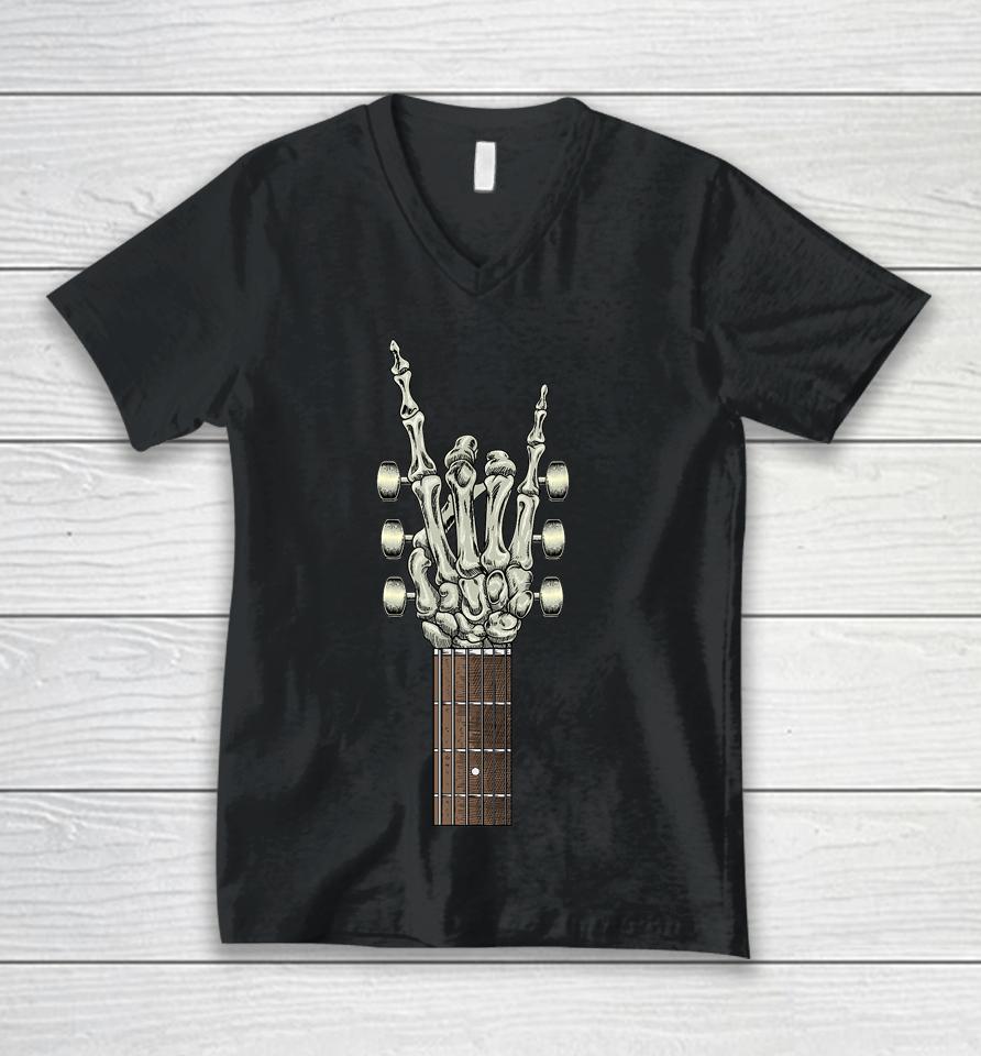 Rock On Skeleton Hand Guitar Rock &Amp; Roll Men Women Rock Band Unisex V-Neck T-Shirt