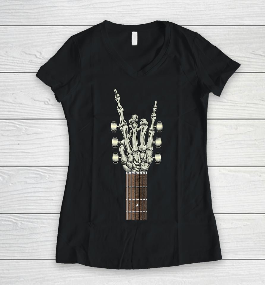 Rock On Skeleton Hand Guitar Rock &Amp; Roll Men Women Rock Band Women V-Neck T-Shirt