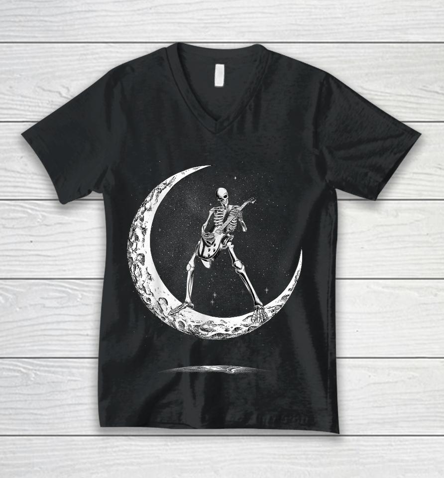Rock On Skeleton Moon Rock And Roll Funny Halloween Unisex V-Neck T-Shirt