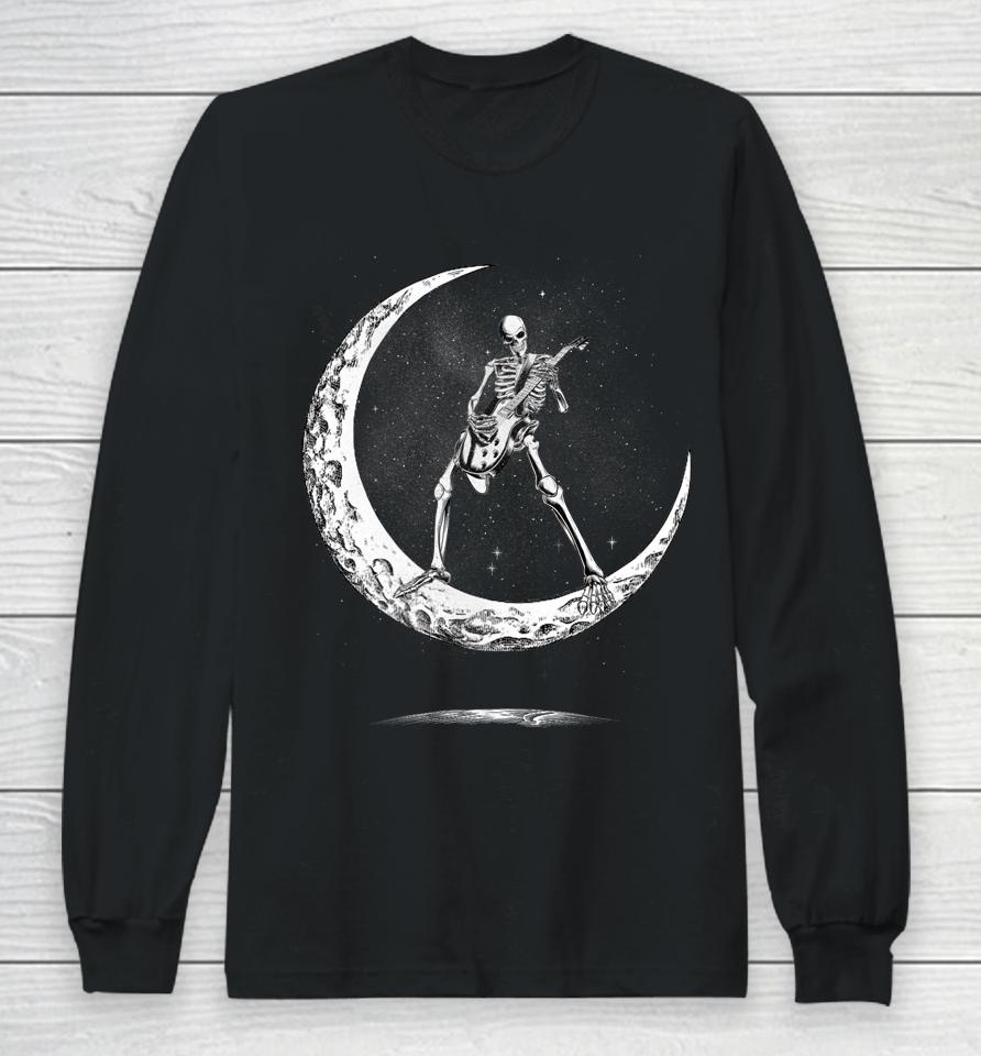 Rock On Skeleton Moon Rock And Roll Funny Halloween Long Sleeve T-Shirt