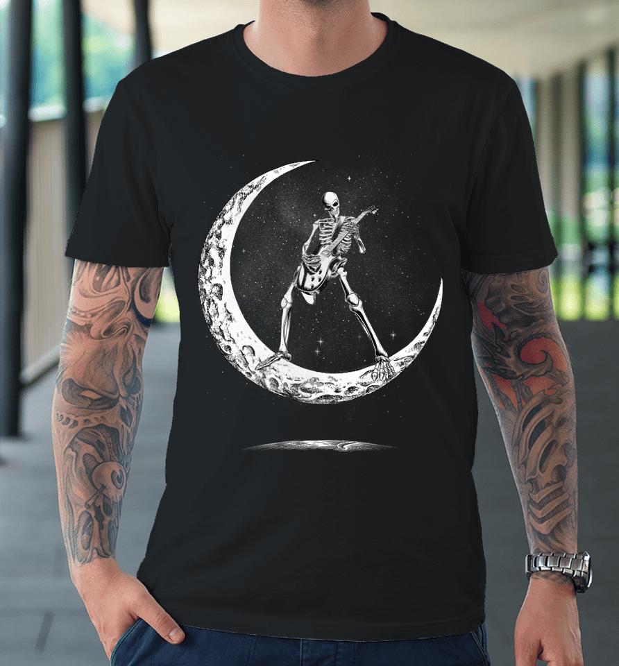 Rock On Skeleton Moon Rock And Roll Funny Halloween Premium T-Shirt