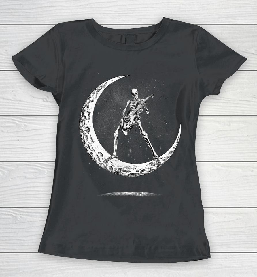 Rock On Skeleton Moon Rock And Roll Funny Halloween Women T-Shirt