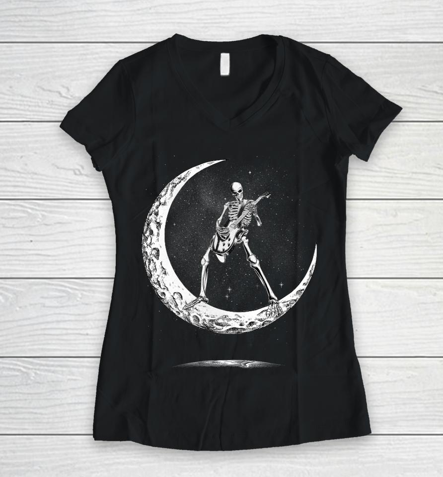 Rock On Skeleton Moon Rock And Roll Funny Halloween Women V-Neck T-Shirt