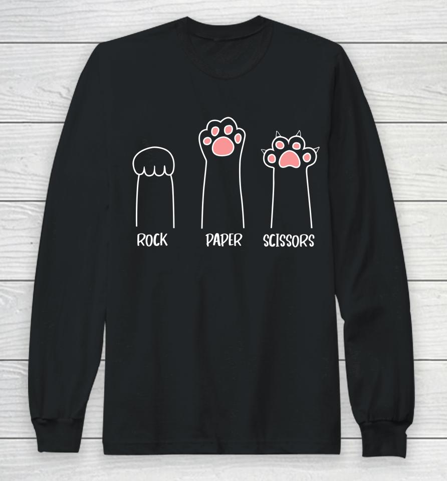 Rock Paper Scissors Hand Game Cute Pink Paw Funny Cat Long Sleeve T-Shirt