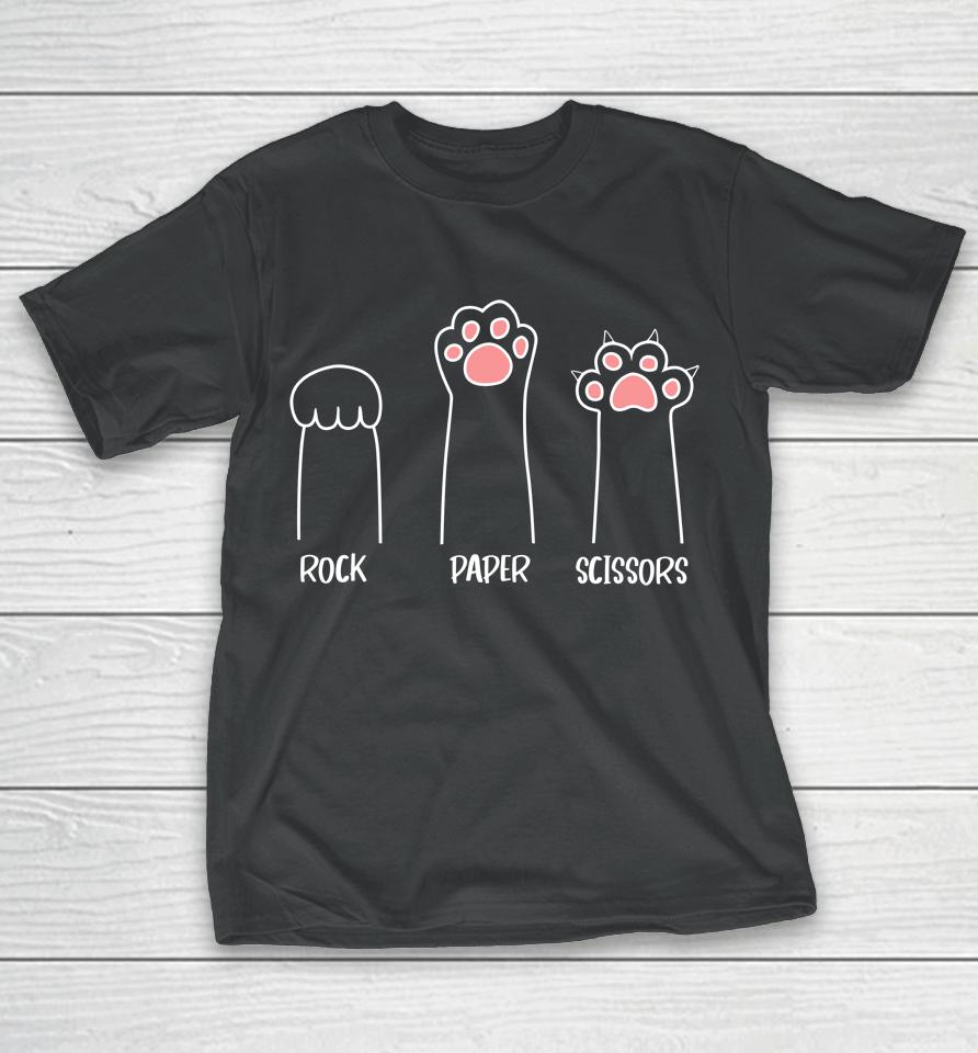 Rock Paper Scissors Hand Game Cute Pink Paw Funny Cat T-Shirt