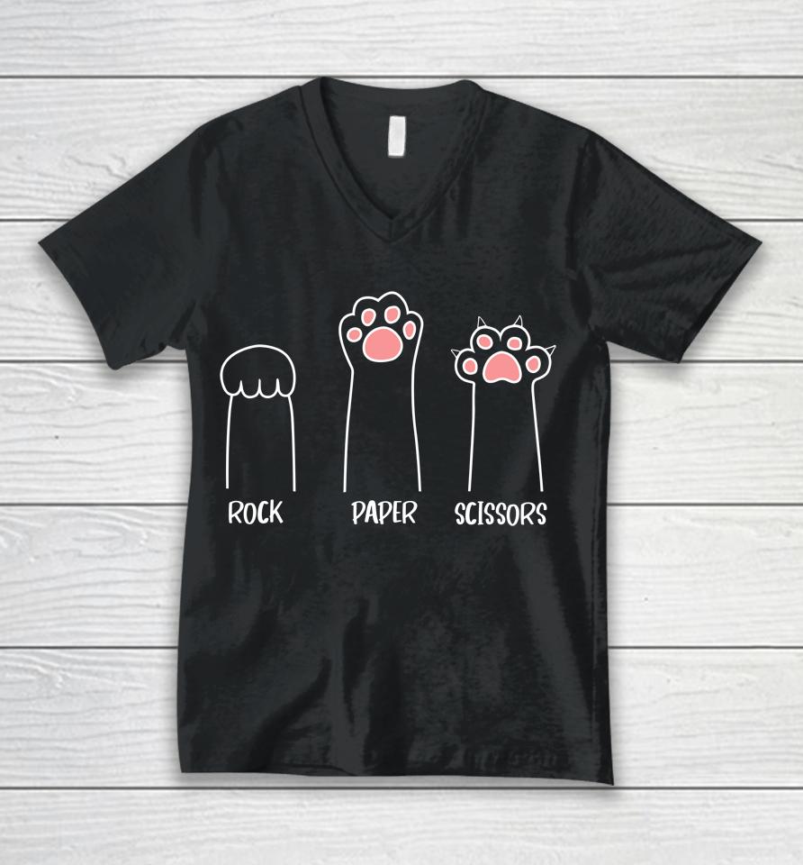 Rock Paper Scissors Hand Game Cute Pink Paw Funny Cat Unisex V-Neck T-Shirt