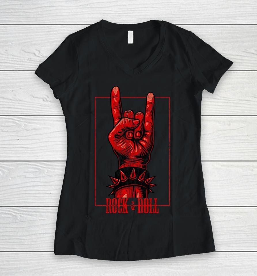 Rock &Amp; Roll Devil's Salute Rocker Concert Women V-Neck T-Shirt