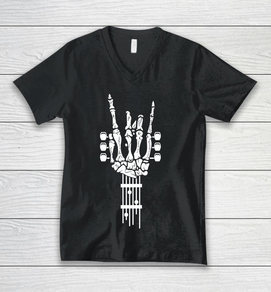 Rock &Amp; Roll Skeleton Guitar Music Lover Gift Unisex V-Neck T-Shirt