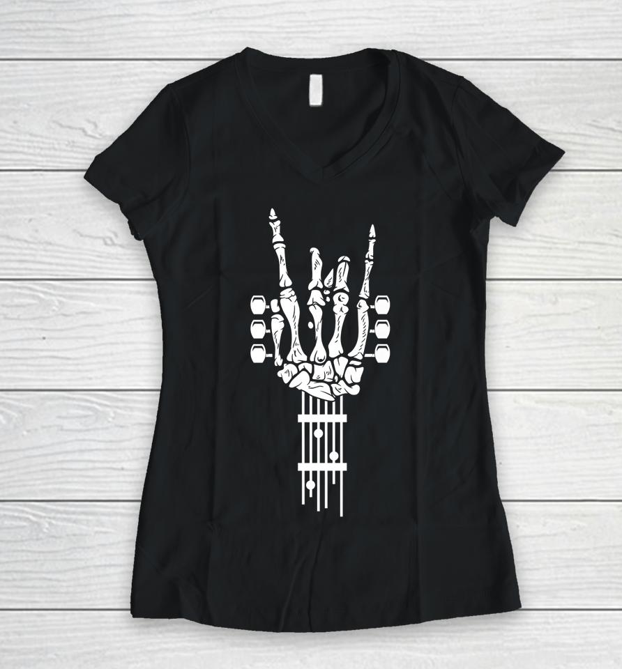 Rock &Amp; Roll Skeleton Guitar Music Lover Gift Women V-Neck T-Shirt