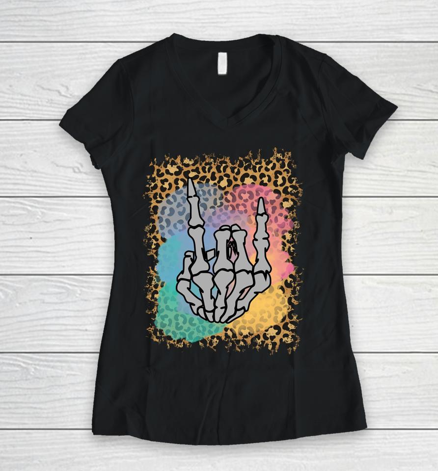 Rock Skeleton Hand Leopard Watercolor Bones Funny Halloween Women V-Neck T-Shirt