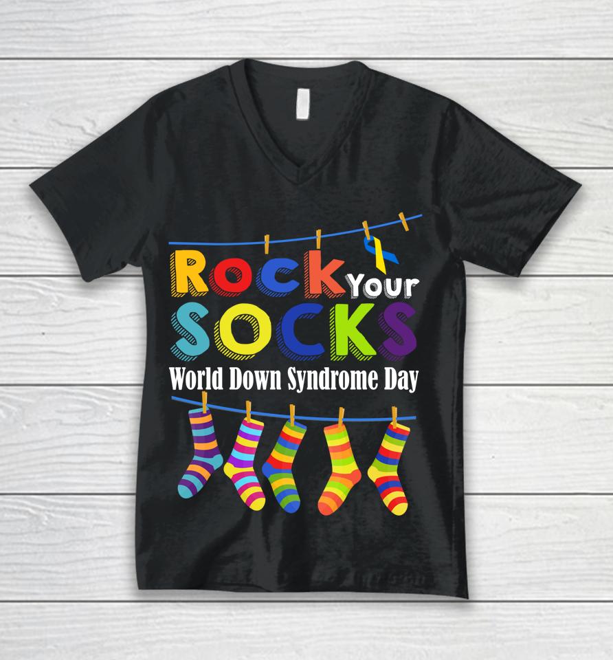 Rock Your Socks Cute 3-21 Trisomy 21 World Down Syndrome Day Unisex V-Neck T-Shirt
