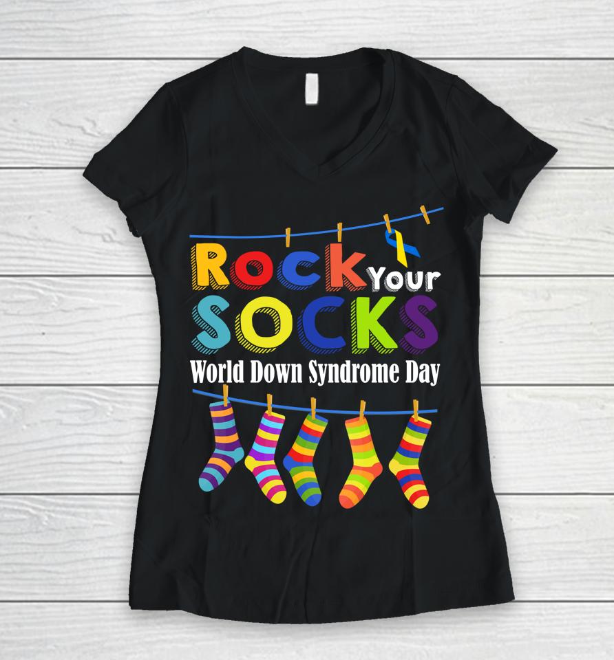 Rock Your Socks Cute 3-21 Trisomy 21 World Down Syndrome Day Women V-Neck T-Shirt