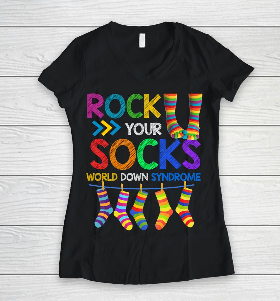 Rock Your Socks World Down Syndrome Day Women V-Neck T-Shirt