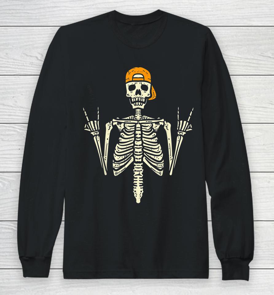 Rocker Skater Skeleton Cap Cool Halloween Punk Long Sleeve T-Shirt