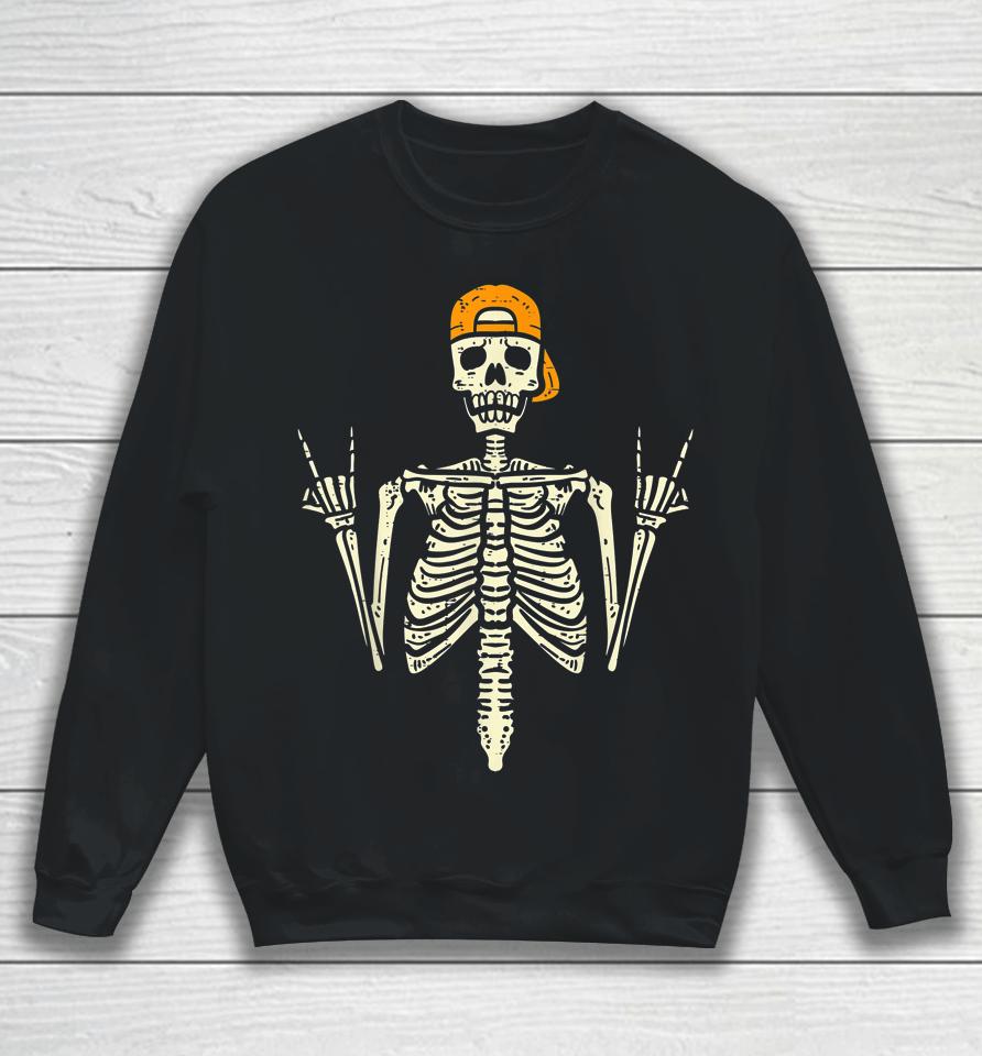 Rocker Skater Skeleton Cap Cool Halloween Punk Sweatshirt