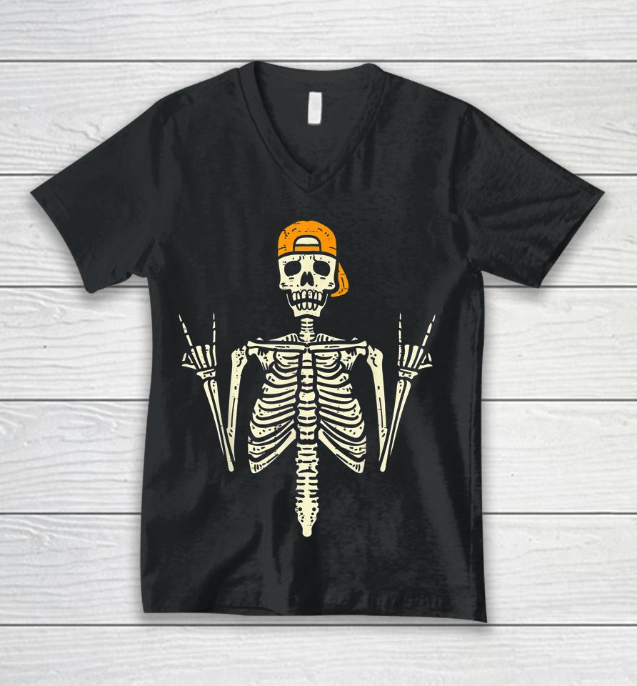 Rocker Skater Skeleton Cap Cool Halloween Punk Unisex V-Neck T-Shirt