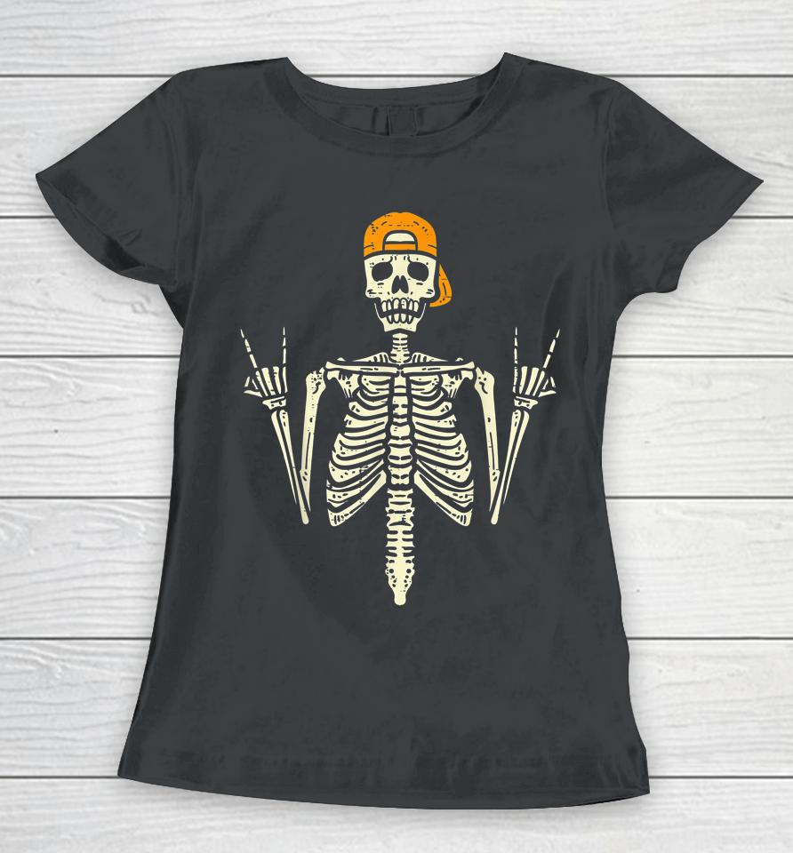 Rocker Skater Skeleton Cap Cool Halloween Punk Women T-Shirt