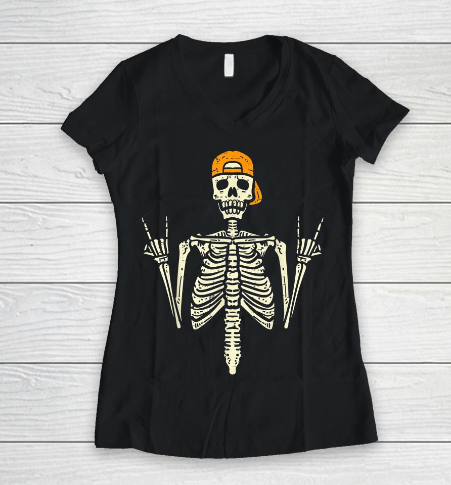 Rocker Skater Skeleton Cap Cool Halloween Punk Women V-Neck T-Shirt
