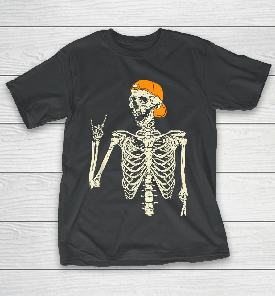 Rocker Skeleton Cap Skater Cool Halloween Punk Rock Men Boys T-Shirt