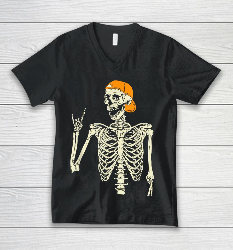 Rocker Skeleton Cap Skater Cool Halloween Punk Rock Men Boys Unisex V-Neck T-Shirt