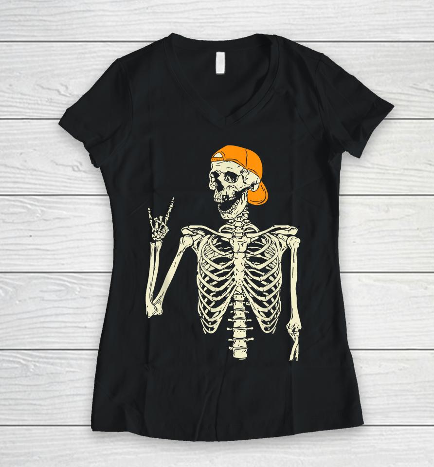 Rocker Skeleton Cap Skater Cool Halloween Punk Rock Men Boys Women V-Neck T-Shirt