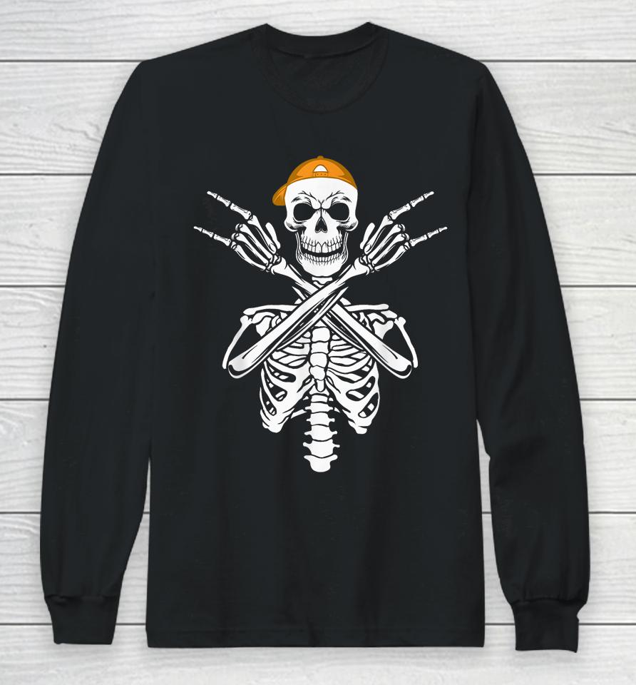 Rocker Skeleton Cap Skater Halloween Hand Rock Long Sleeve T-Shirt