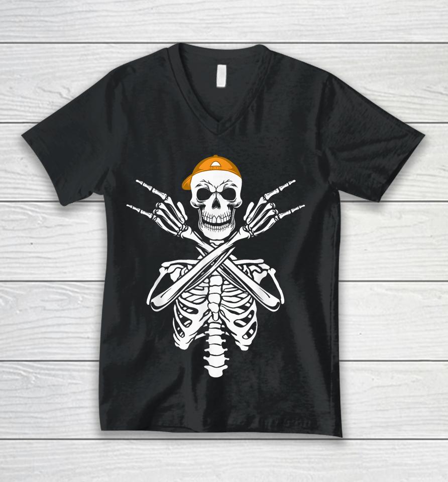 Rocker Skeleton Cap Skater Halloween Hand Rock Unisex V-Neck T-Shirt