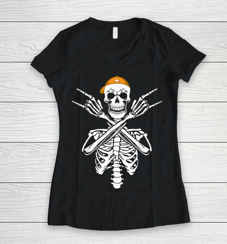 Rocker Skeleton Cap Skater Halloween Hand Rock Women V-Neck T-Shirt