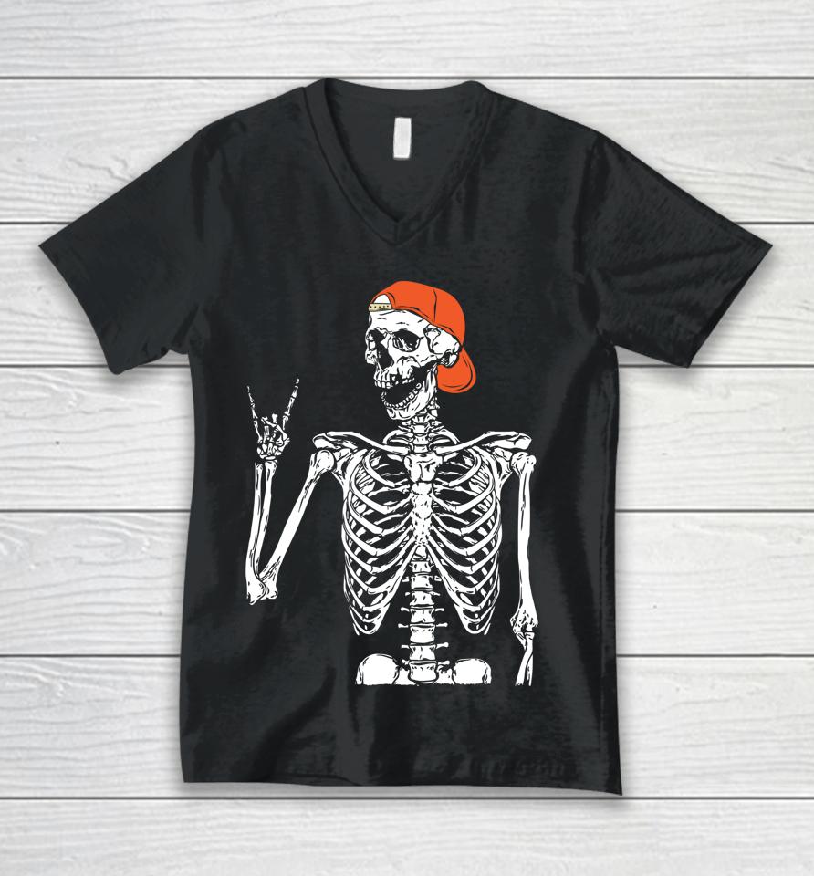 Rocker Skeleton Hand Rock On Costume Funny Halloween Gifts Unisex V-Neck T-Shirt