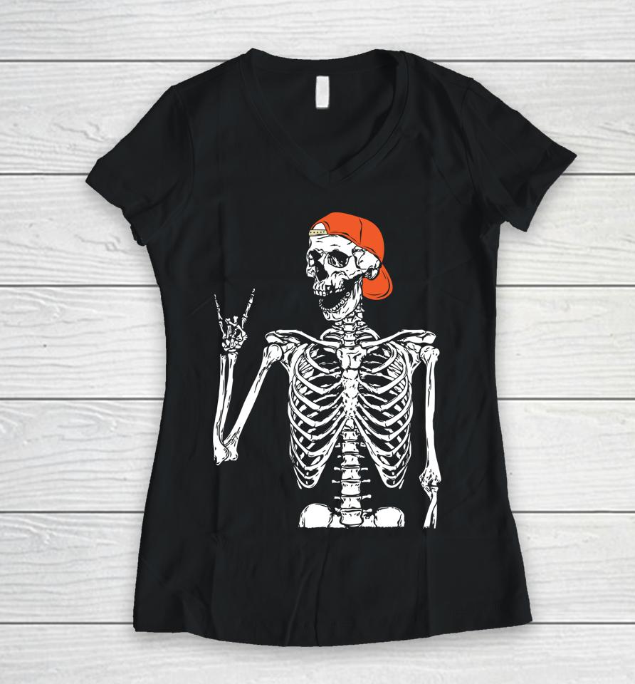 Rocker Skeleton Hand Rock On Costume Funny Halloween Gifts Women V-Neck T-Shirt