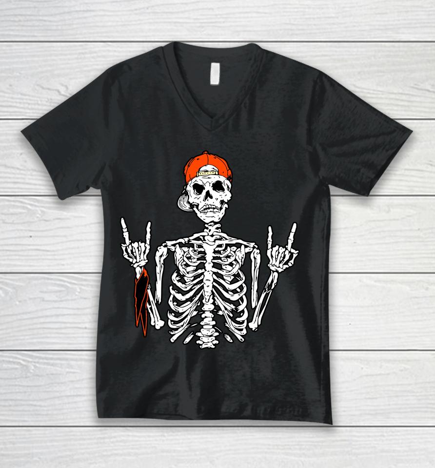 Rocker Skeleton Hand Rock On Costume Funny Halloween Unisex V-Neck T-Shirt