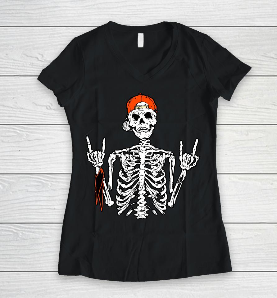 Rocker Skeleton Hand Rock On Costume Funny Halloween Women V-Neck T-Shirt