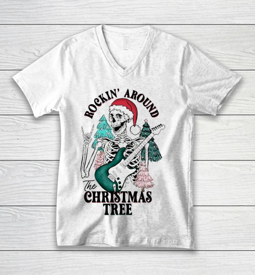 Rockin’ Around The Christmas Tree Skeleton Santa Unisex V-Neck T-Shirt