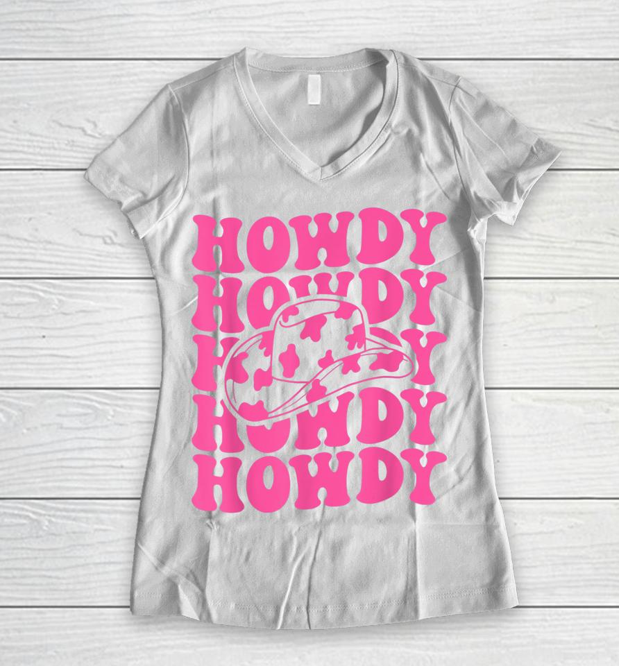 Rodeo White Howdy Western Retro Cowboy Hat Southern Cowgirl Women V-Neck T-Shirt